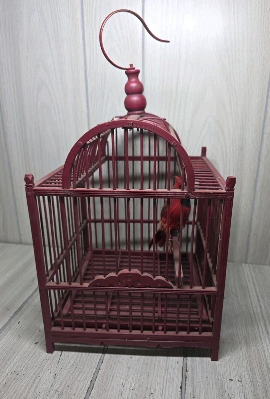 Vtg Red Bamboo Bird Cage Hanging Wooden Pagoda House Bird On Perch Cardinal READ